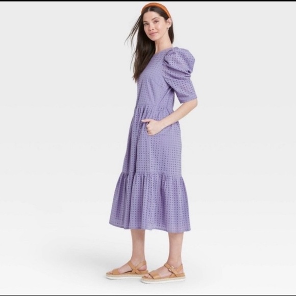 A New Day Round Neckline Elbow Length Sleeves Knee Length Purple Eyelet Dress M - Picture 2 of 10